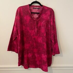 Gudrun Sjoden Hot Pink‎ Floral Embroidered Tunic Blouse Size L Pockets Boho READ